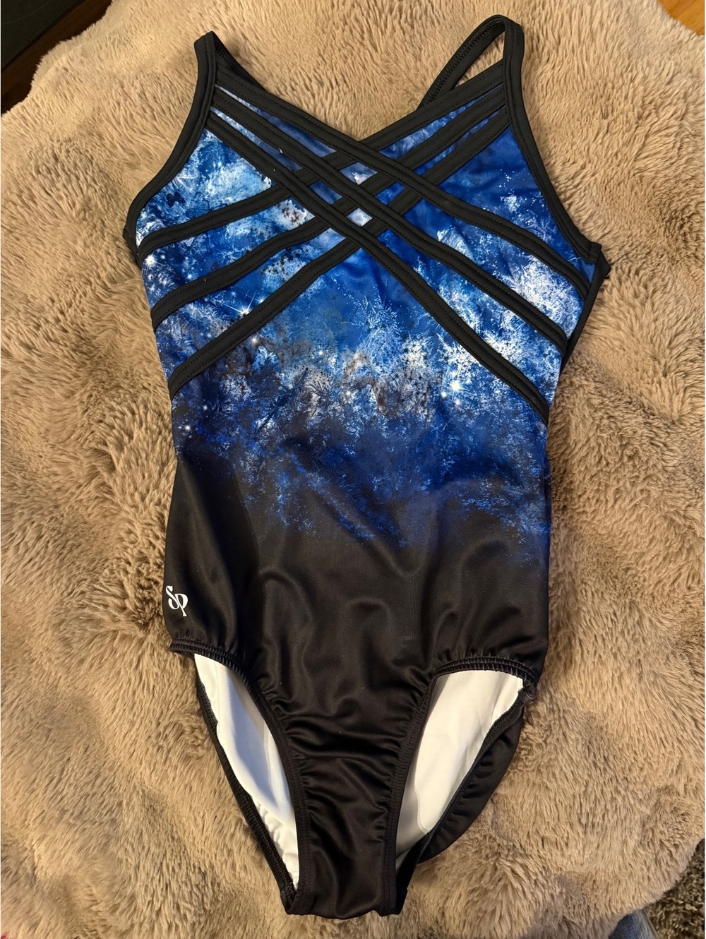 Sylvia P Gymnastics Leotard Child 12 Blue Black Strappy Back Cutout